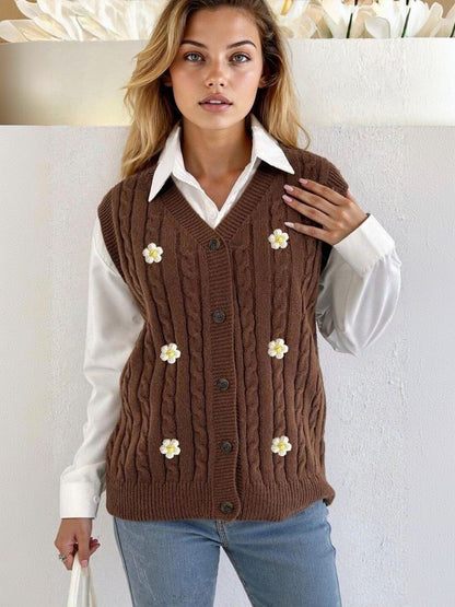 Cable Knit Ribbed Sweater Vest with Embroidered Detail in Brown acrylic - Nowi Korean Fashion