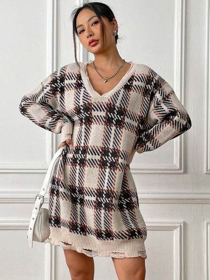Checked Pullover in Beige acrylic - Nowi Korean Fashion