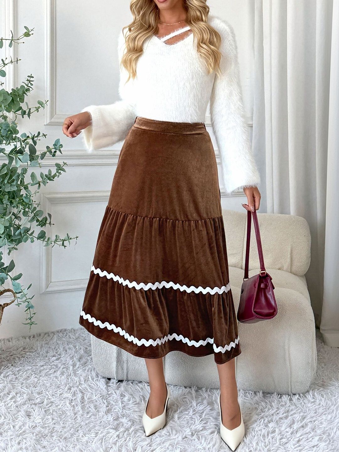 Women Solid Brown Midi Skirt