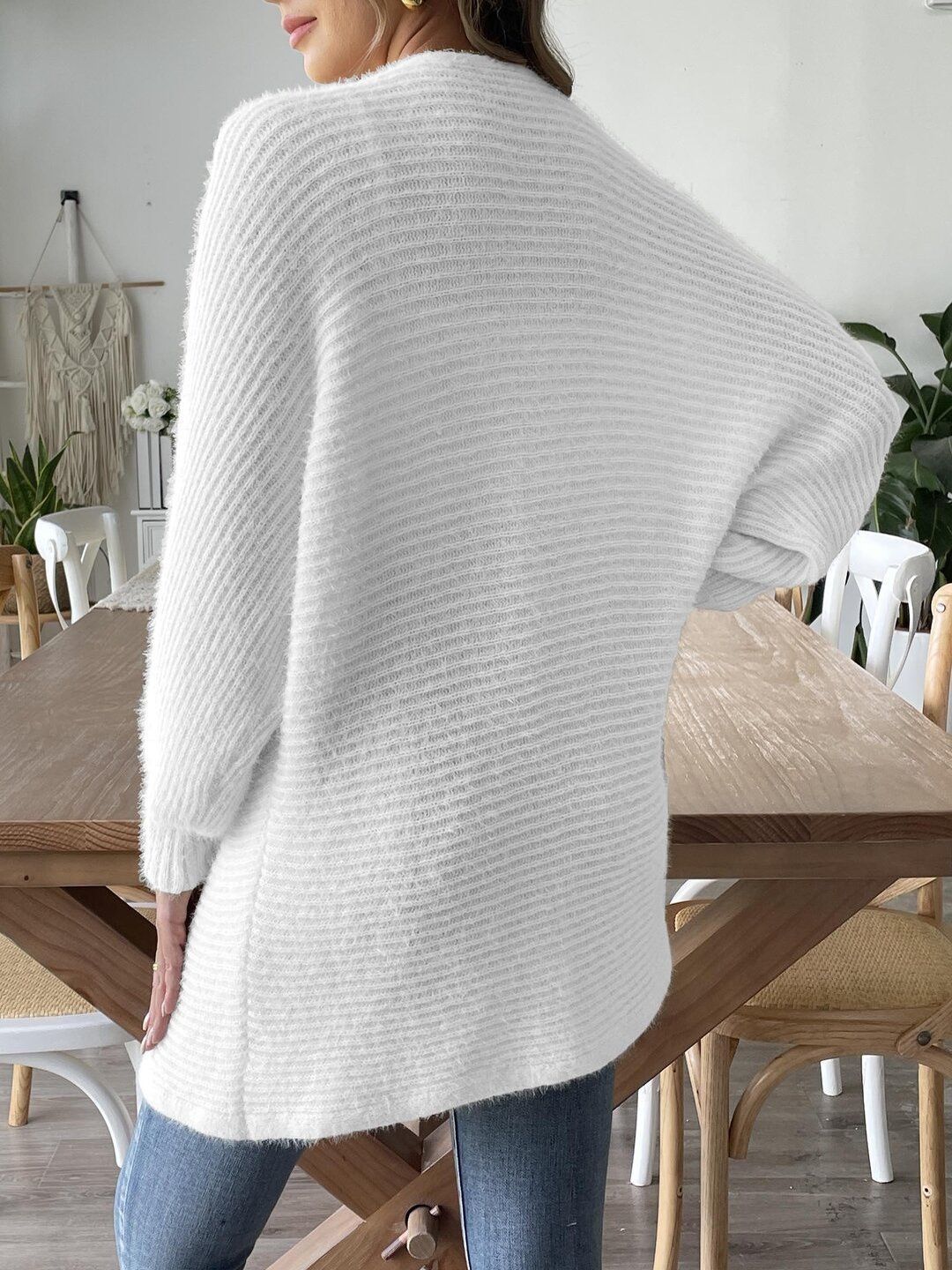 Women Ribbed Cardigan with Fuzzy Detail