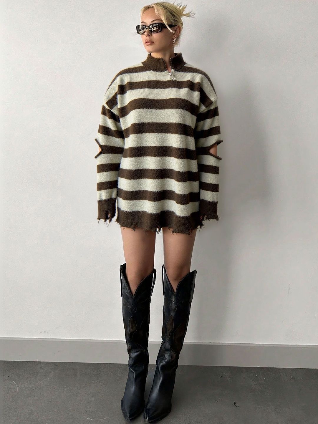 Striped Pullover in Brown Style 480 - Nowi Korean Fashion