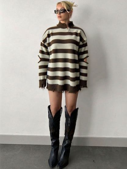 Striped Pullover in Brown Style 480 - Nowi Korean Fashion