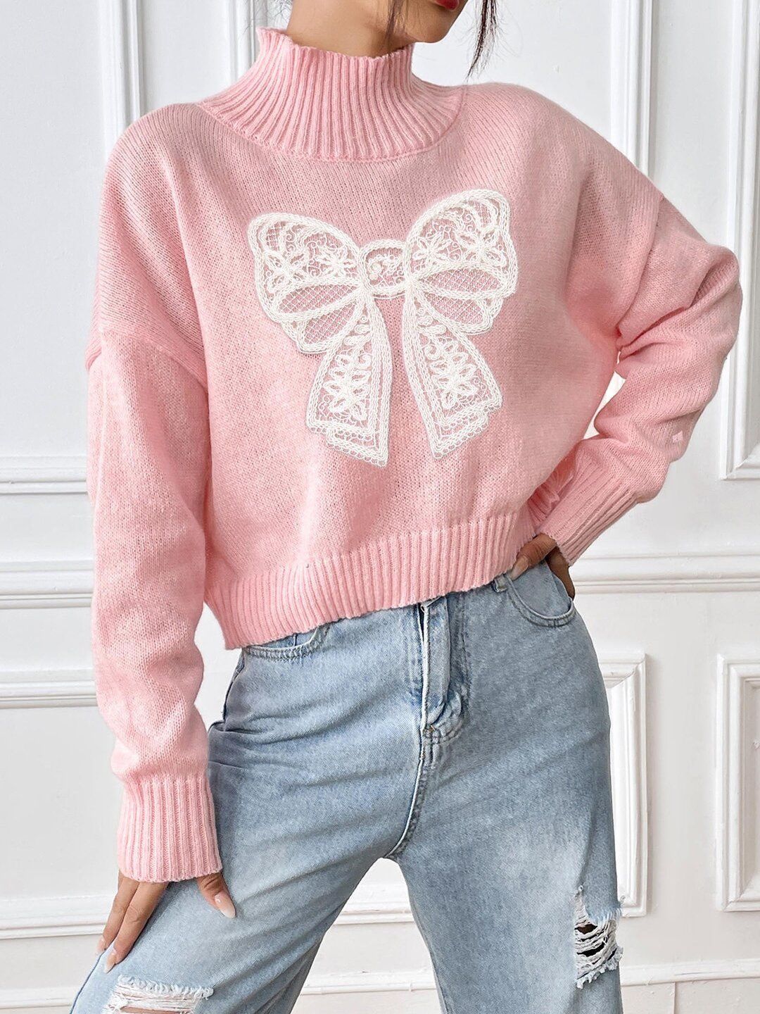 Women Embroidered Crop Pullover with Embroidered Detail
