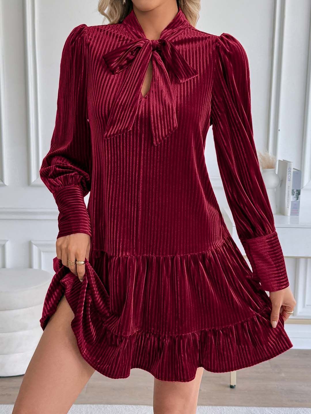 Tie-Up Neck Puff Sleeve Ruffled A-Line Dress