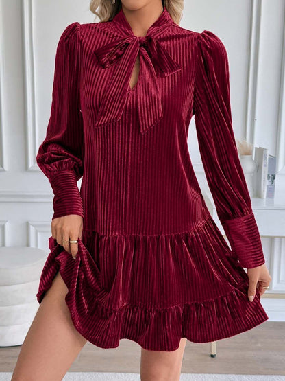 Tie-Up Neck Puff Sleeve Ruffled A-Line Dress