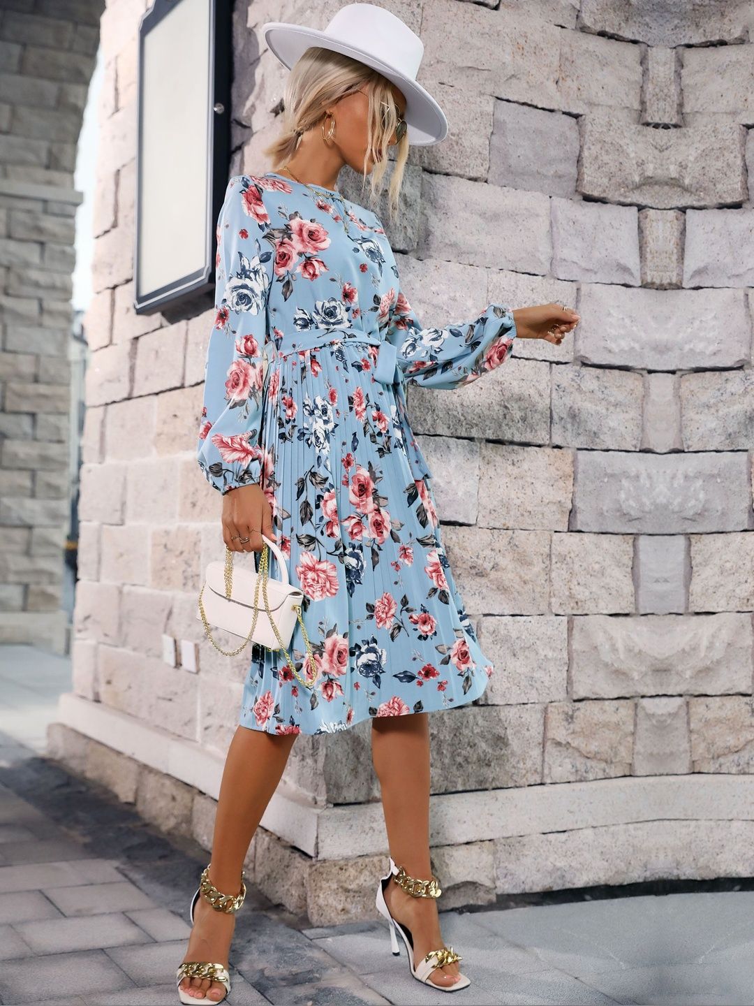 Women's Blue Floral Print Fit & Flare Midi Dress Blend