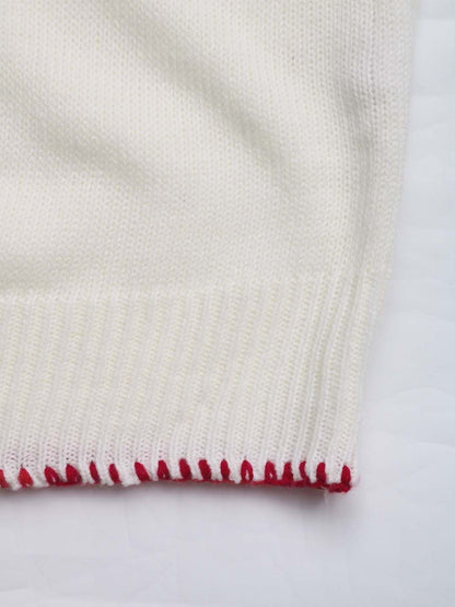 Women's White Round Neck Printed Pullover