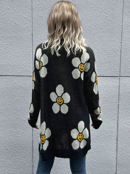 Women's Black Floral Printed Cardigan Blend Regular Fit