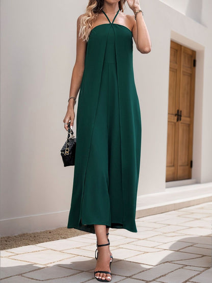 Halter Neck Basic Jumpsuit with Applique in Green polyester - Nowi Korean Fashion