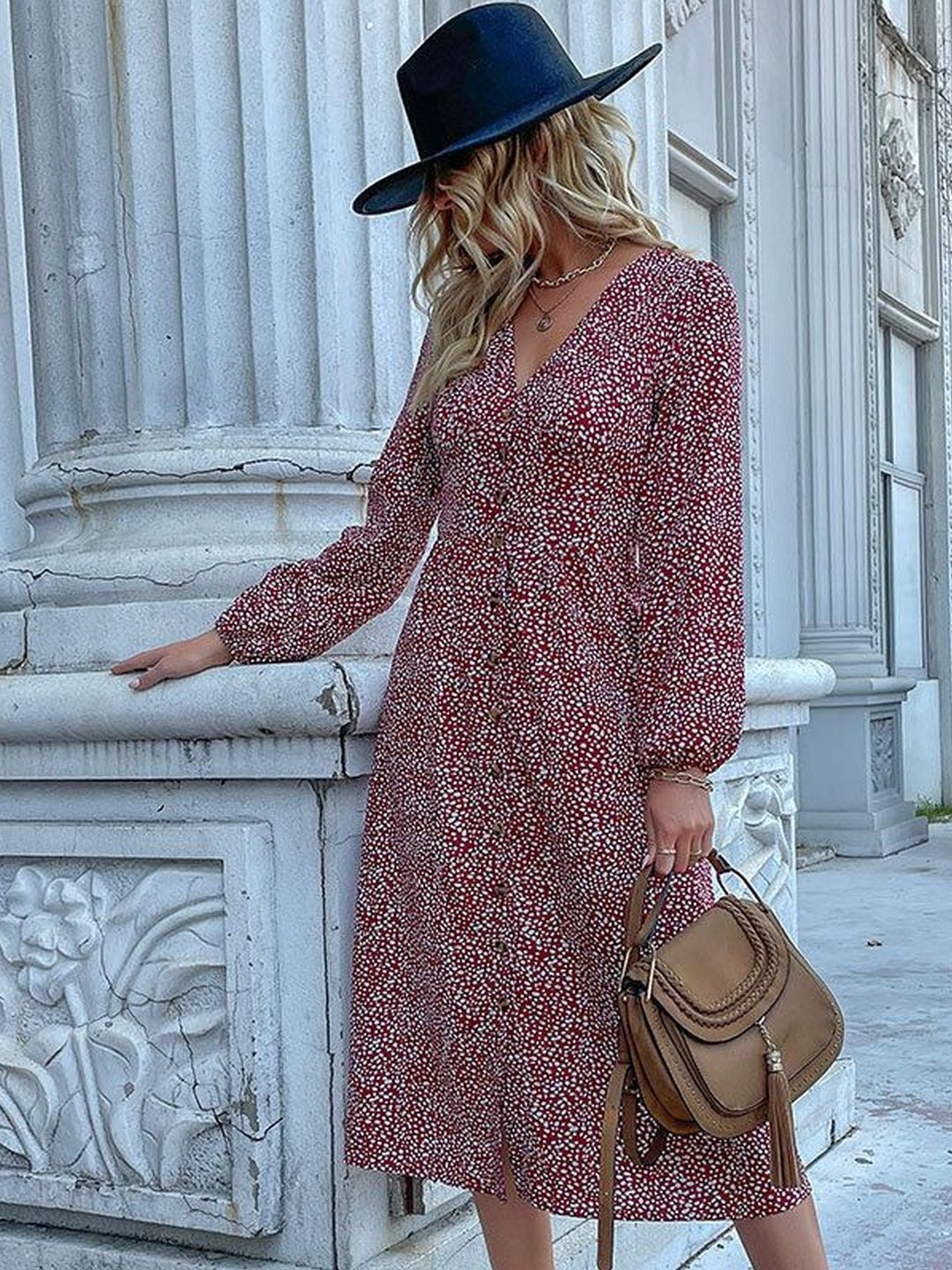 Women's Red Floral Print A-Line Midi Dress Blend