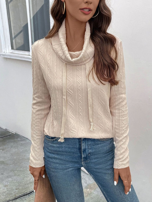 Turtle Neck Self Design Sweatshirt in Beige Cotton - Nowi Korean Fashion