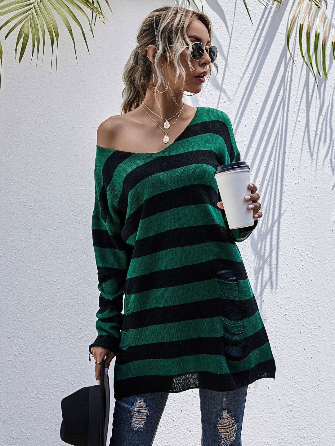 Women's Green Striped Pullover Blend Regular Fit