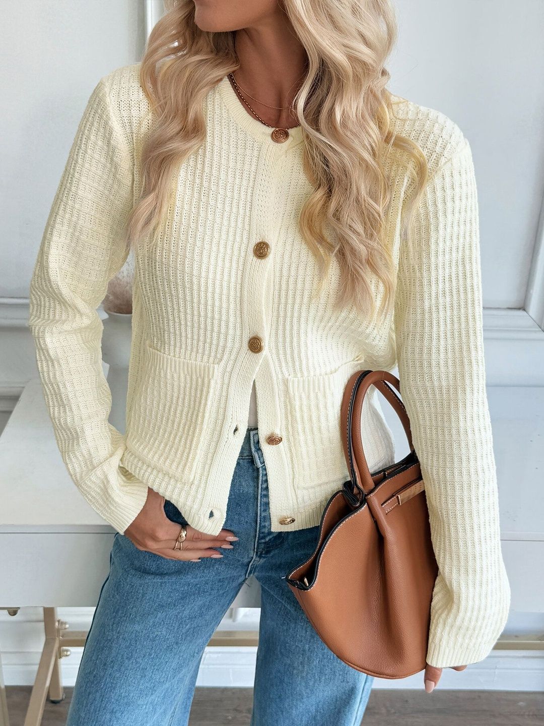 Women's Beige Nowi Women Cardigan Blend Printed Regular Fit