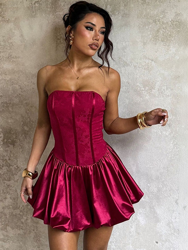 Corset Mini Dress in Maroon silk - Nowi Korean Fashion