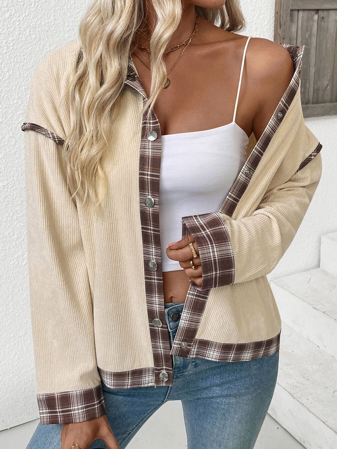 Beige Colourblocked Jacket with Spread Collar - Nowi Korean Fashion