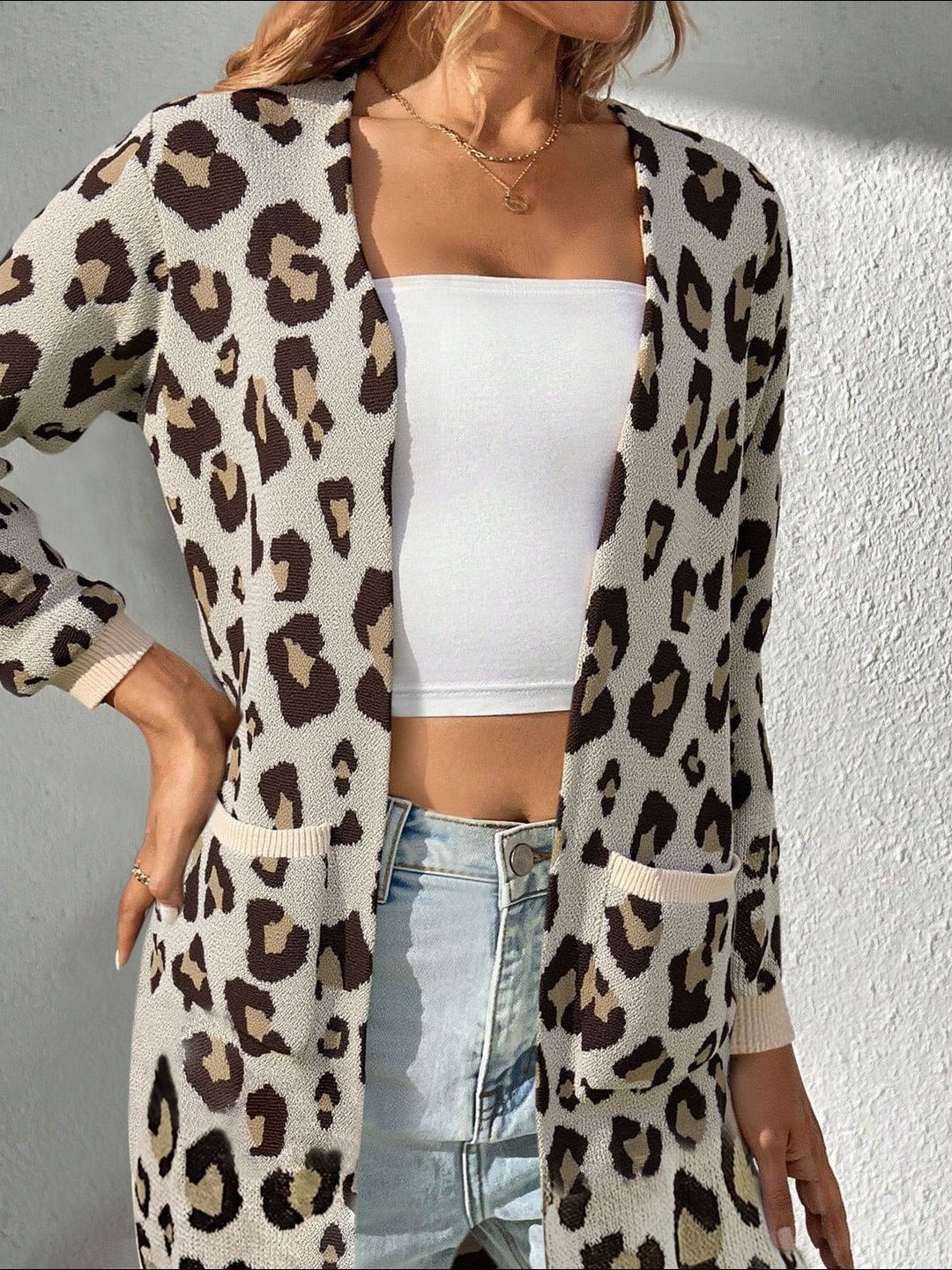 NOWI Leopard Printed Open Front Long Cardigan