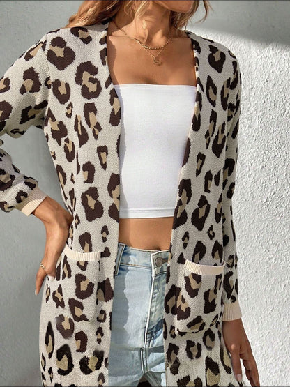 NOWI Leopard Printed Open Front Long Cardigan