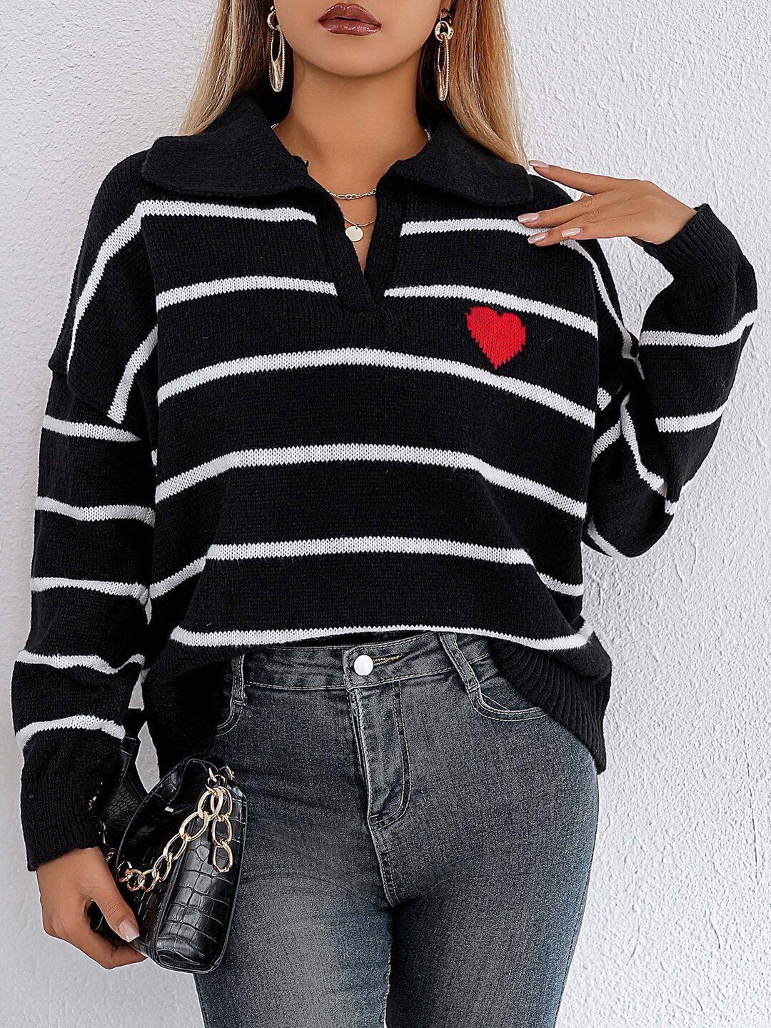 Women Striped Pullover with Embroidered Detail
