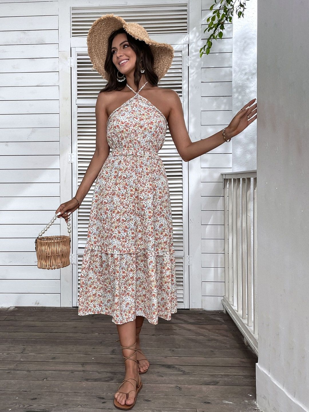 Floral Print Halter Neck Fit & Flare Midi Dress in White cotton Halter - Nowi Korean Fashion