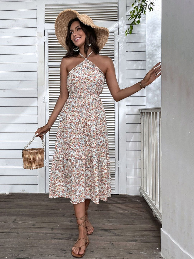 Floral Print Halter Neck Fit & Flare Midi Dress in White cotton Halter - Nowi Korean Fashion