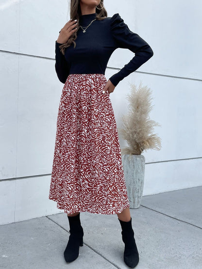 Women's Black Print Puff Sleeve A-Line Midi Dress