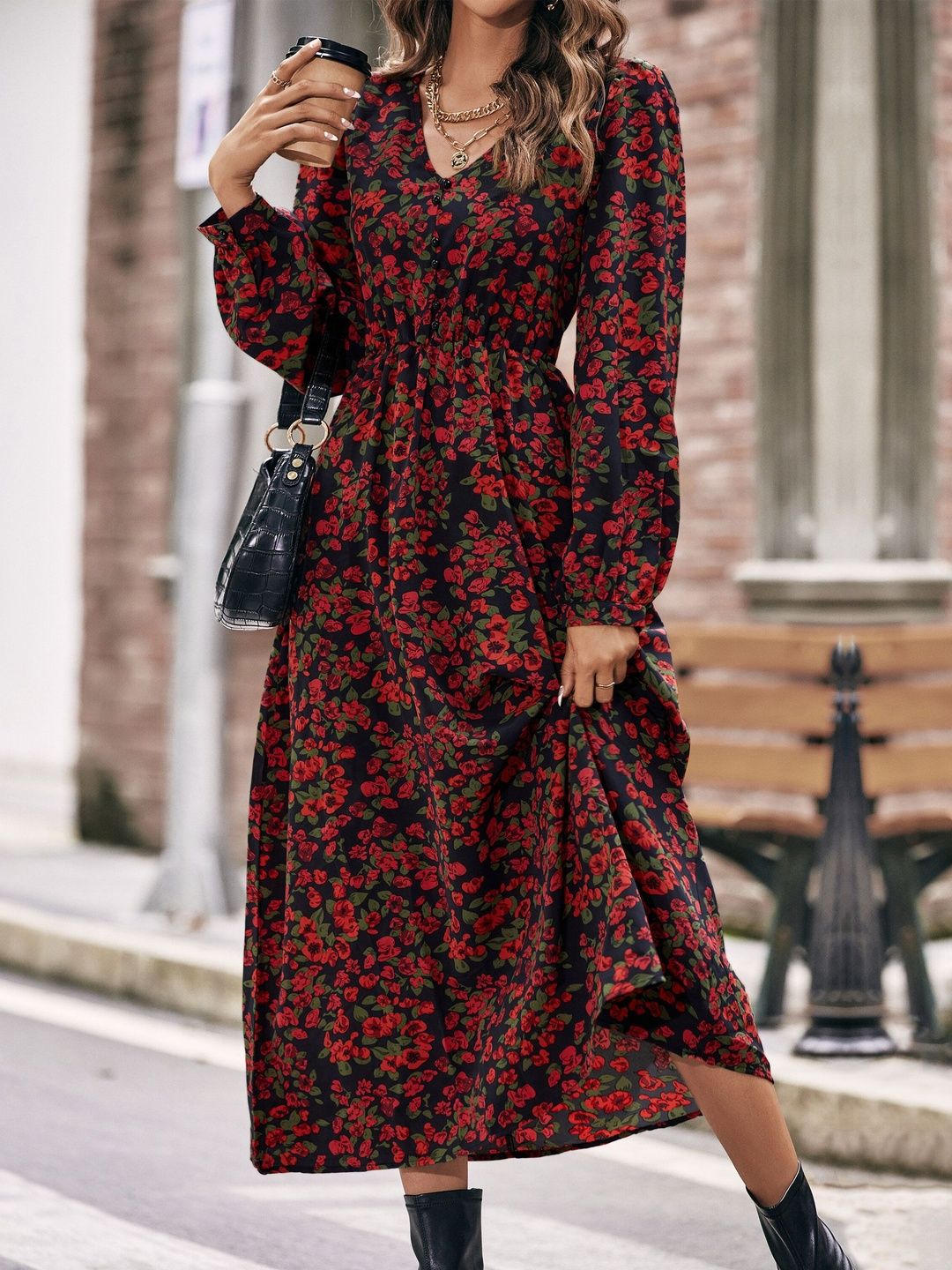 Women's Black Floral Print A-Line Midi Dress Blend