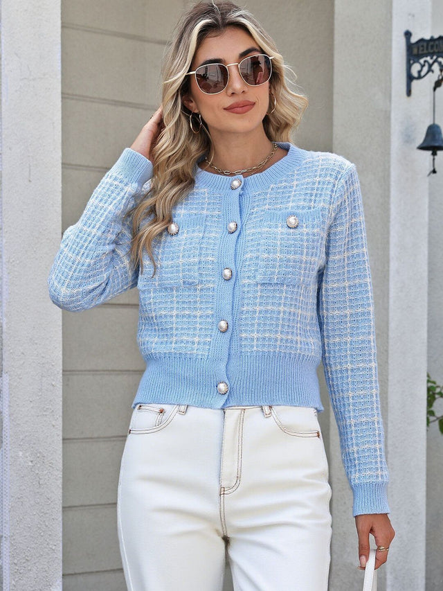 Checked Cardigan in Blue acrylic - Nowi Korean Fashion