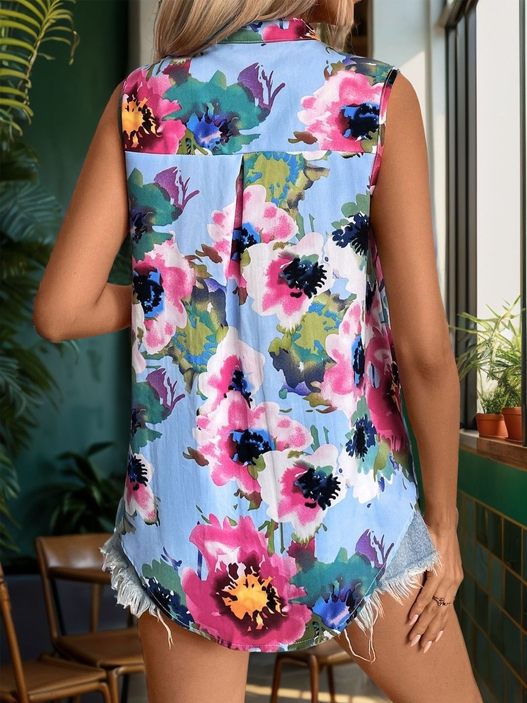 Blue Floral Print High Neck Sleeveless Top