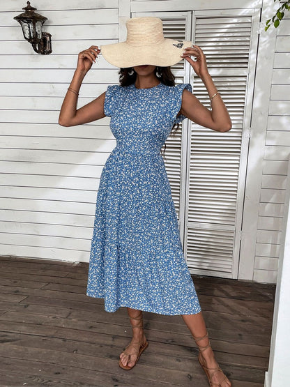 Floral Print Flutter Sleeve Fit & Flare Midi Dress