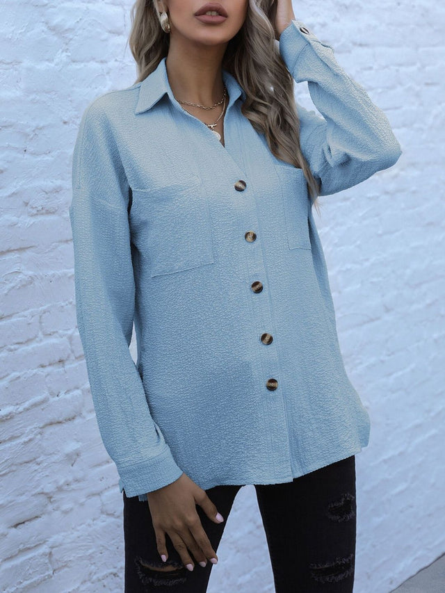 Casual Shirt in Blue Cotton Style 319 - Nowi Korean Fashion