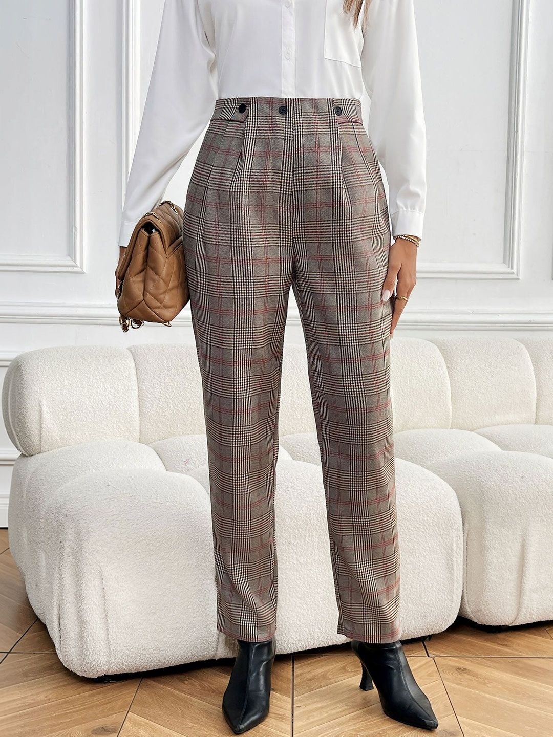 Women Checked High-Rise Pleated Trousers