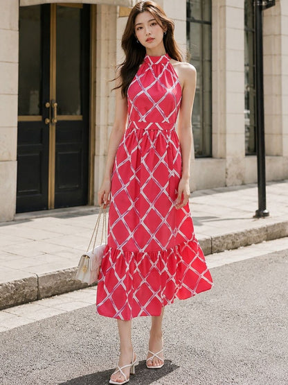 Print Halter Neck Crepe Fit & Flare Midi Dress
