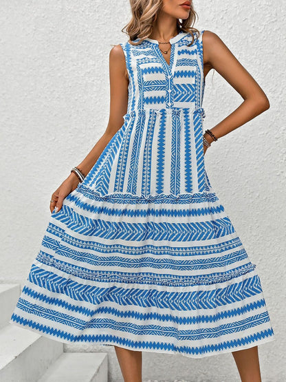 White Tribal Print Sleeveless Midi Dress