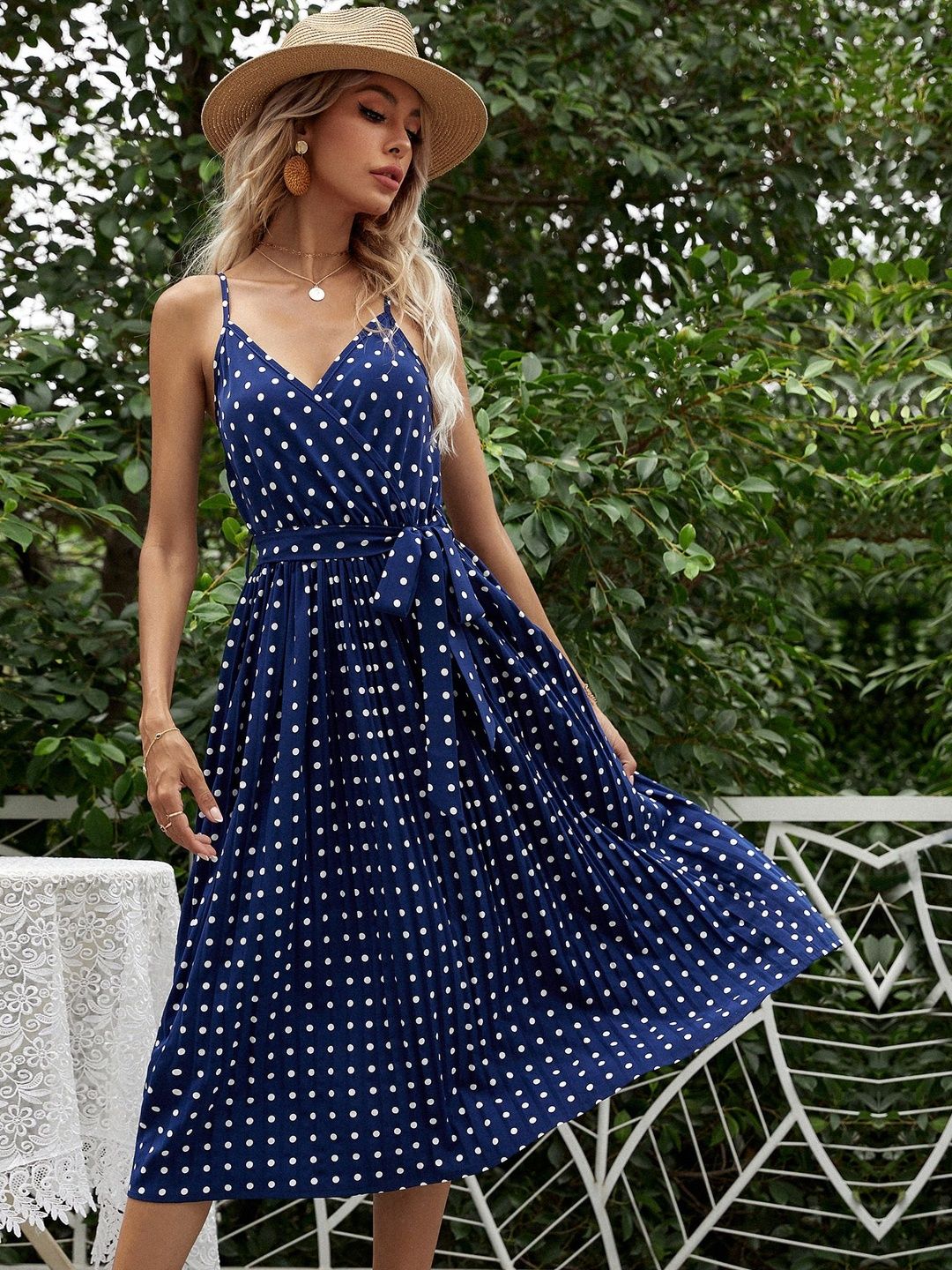 Polka Dot Print Fit & Flare Midi Dress Printed Sleeveless - Nowi Korean Fashion
