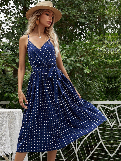 Polka Dot Print Fit & Flare Midi Dress Printed Sleeveless - Nowi Korean Fashion