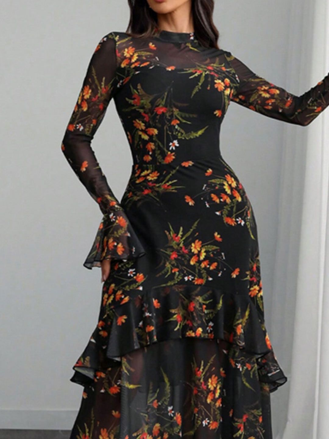 Floral Print Flared Sleeve Ruffled Sheath Maxi Dress