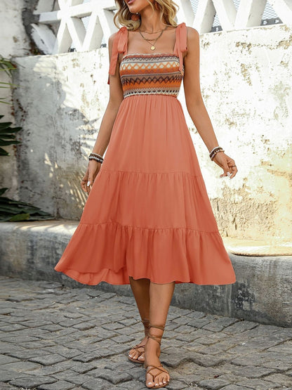 Orange Tribal Print Sleeveless Midi Dress