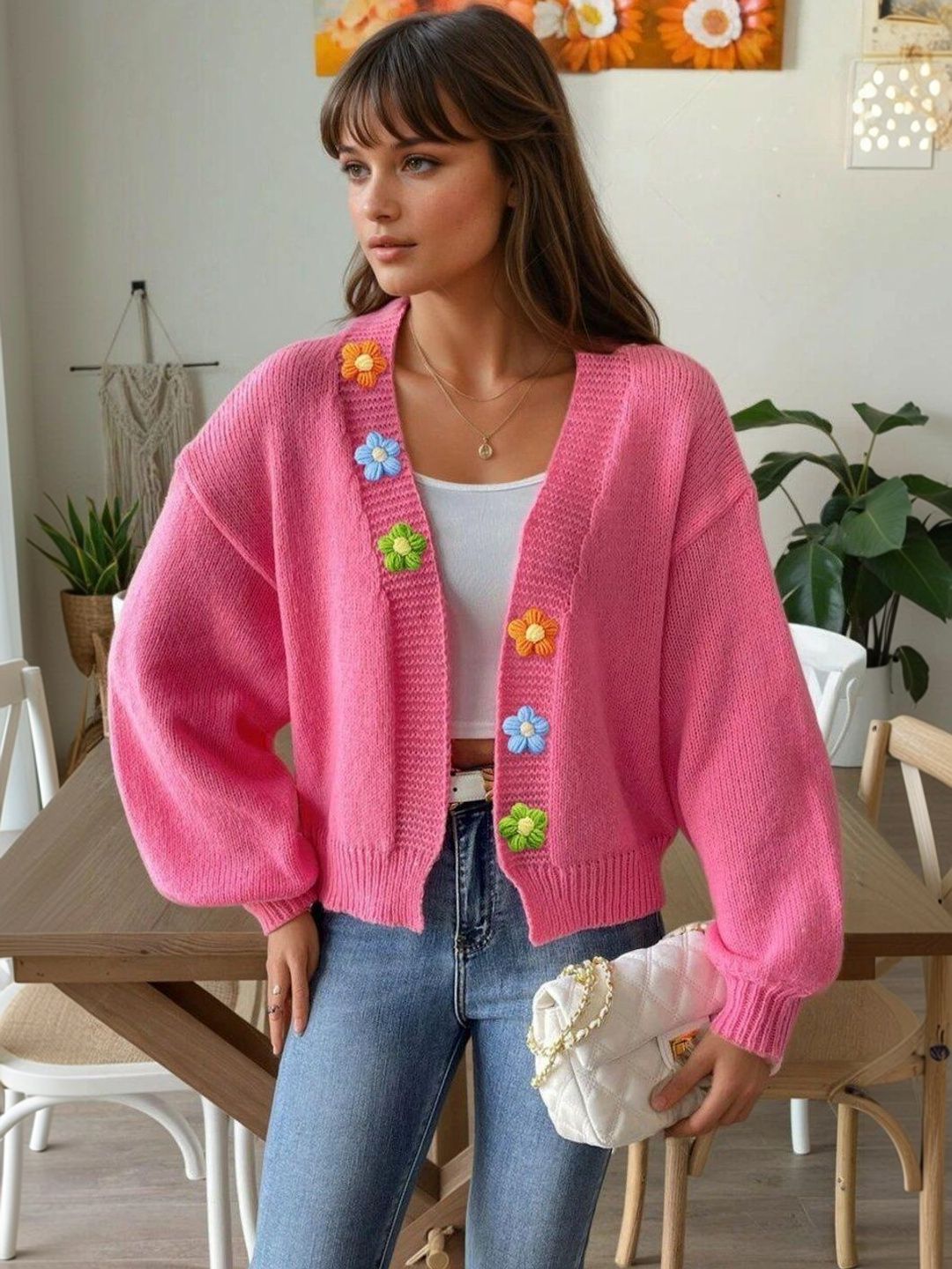 Cardigan with Applique Detail in Pink acrylic - Nowi Korean Fashion