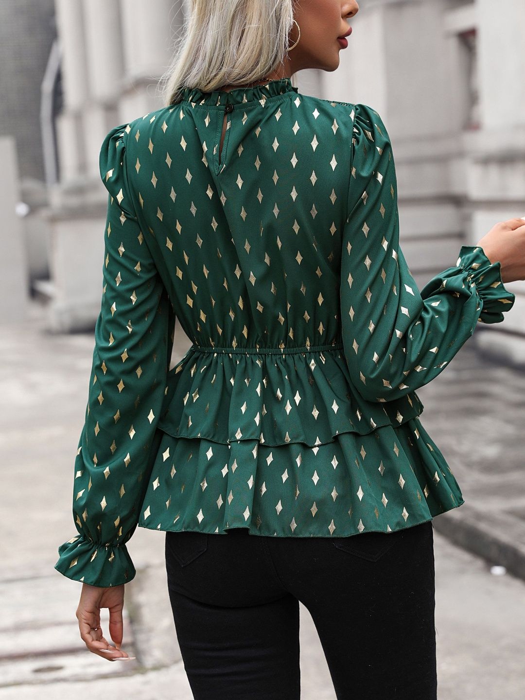 Women's Green Geometric Print Peplum Top