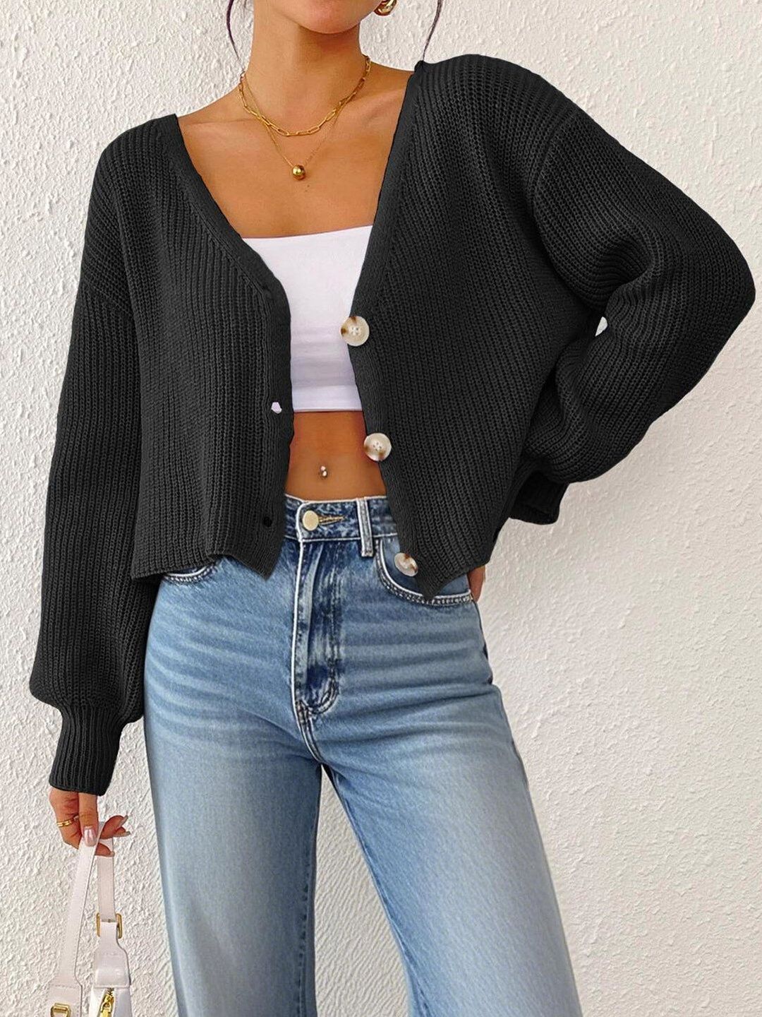 Women Ribbed Crop Cardigan