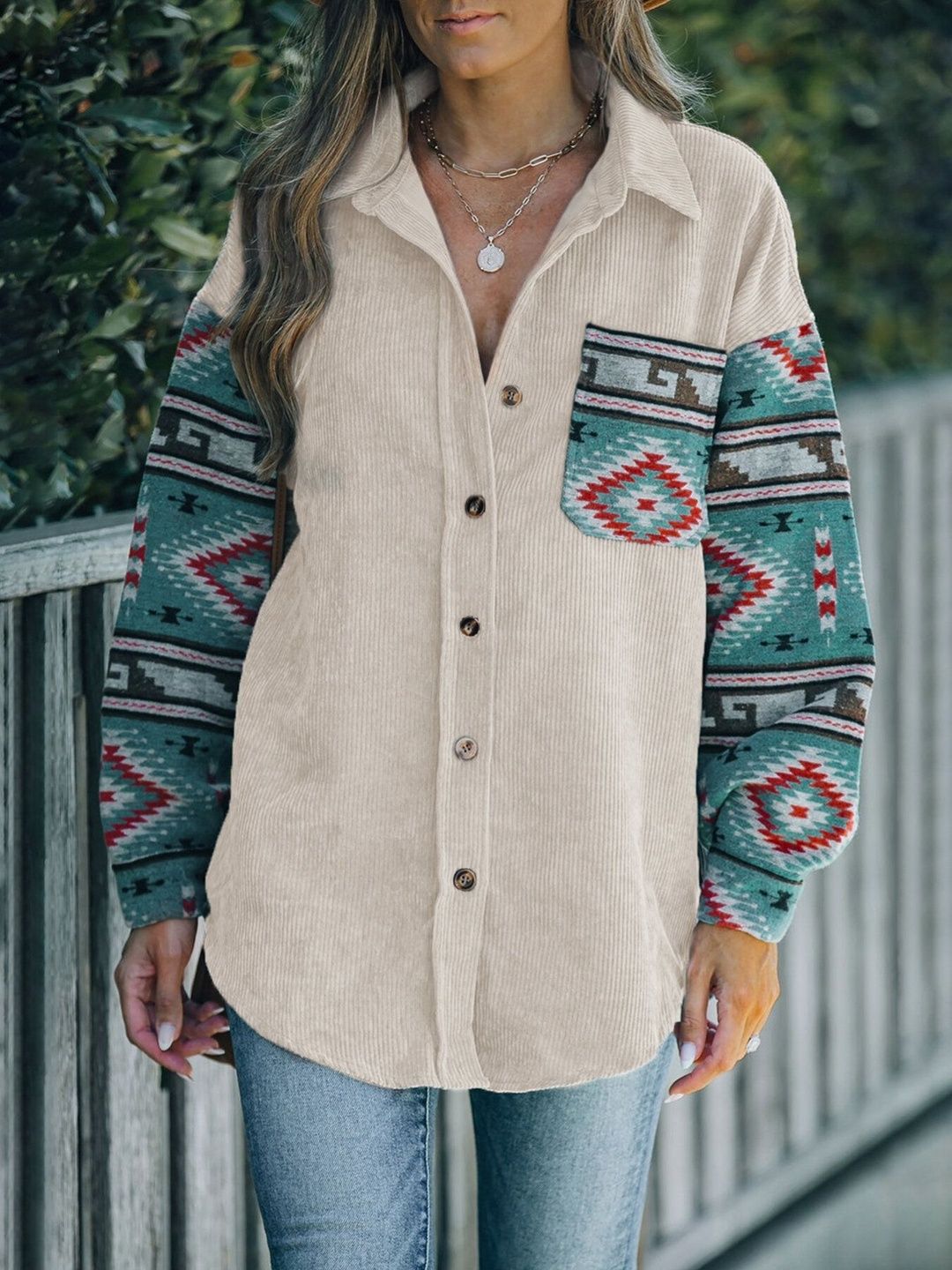 Colourblocked Casual Shirt in Beige Cotton Geometric - Nowi Korean Fashion