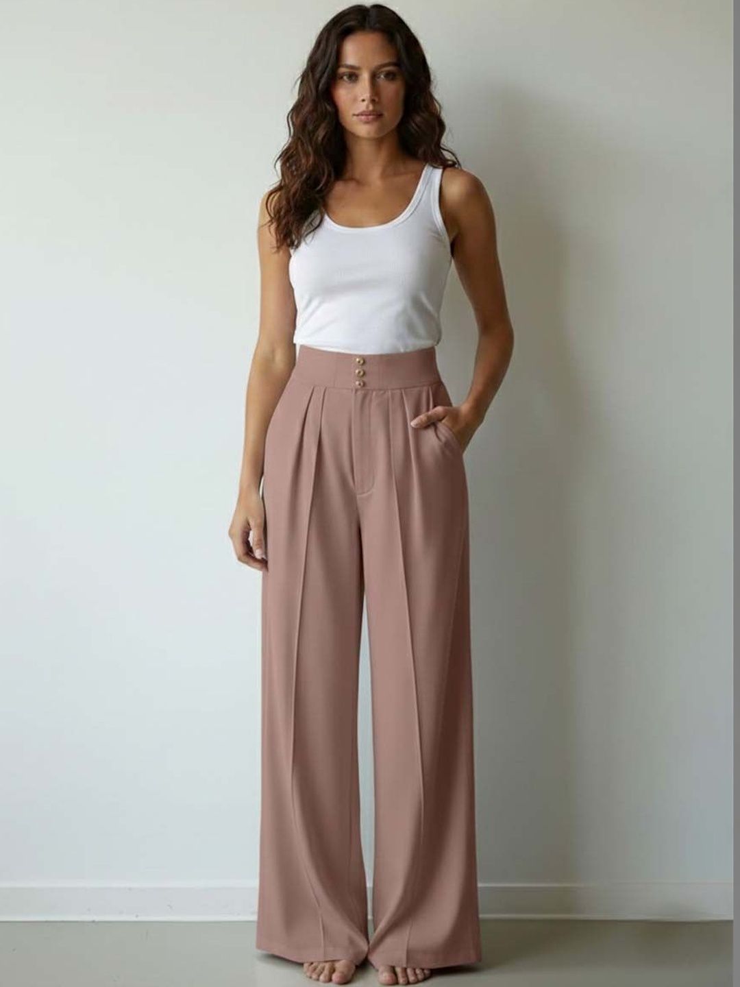 Straight Fit High-Rise Wrinkle Free Pleated Trousers in Pink polyester - Nowi Korean Fashion