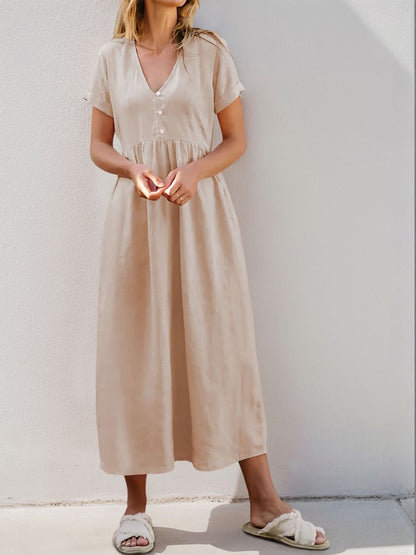 Linen A-Line Midi Dress in Beige - Nowi Korean Fashion