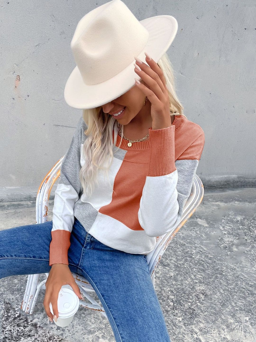 Women's White Colourblocked Pullover Blend Printed