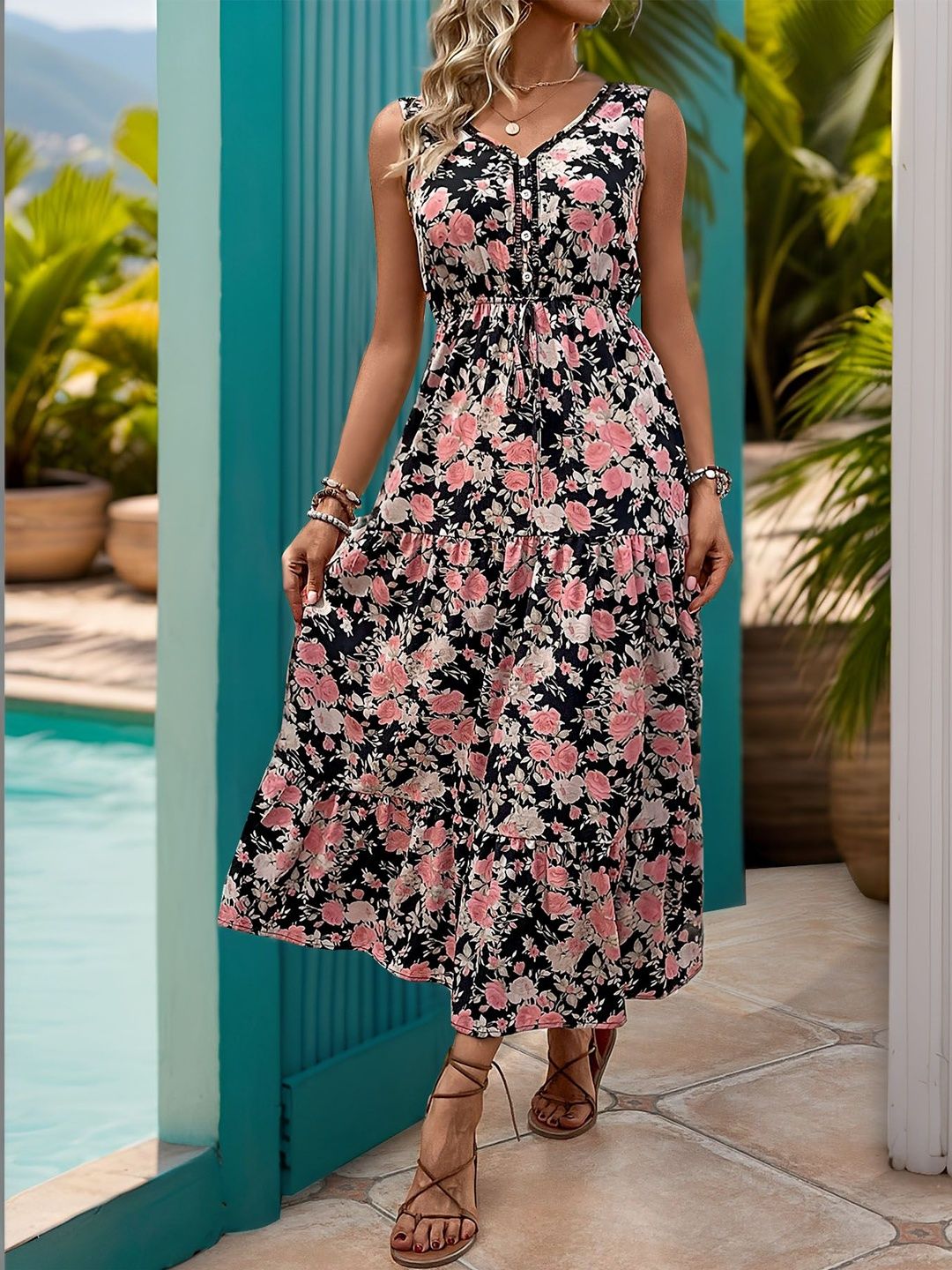Floral Print A-Line Midi Dress in Black cotton Sleeveless - Nowi Korean Fashion