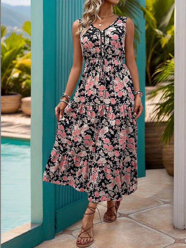 Floral Print A-Line Midi Dress in Black cotton Sleeveless - Nowi Korean Fashion