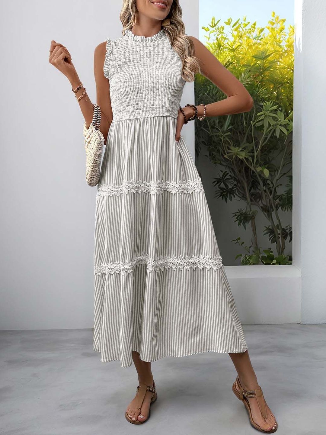 Striped A-Line Midi Dress in White - Nowi Korean Fashion