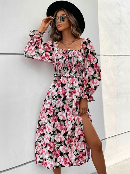 Floral Print Fit & Flare Midi Dress in Black - Nowi Korean Fashion