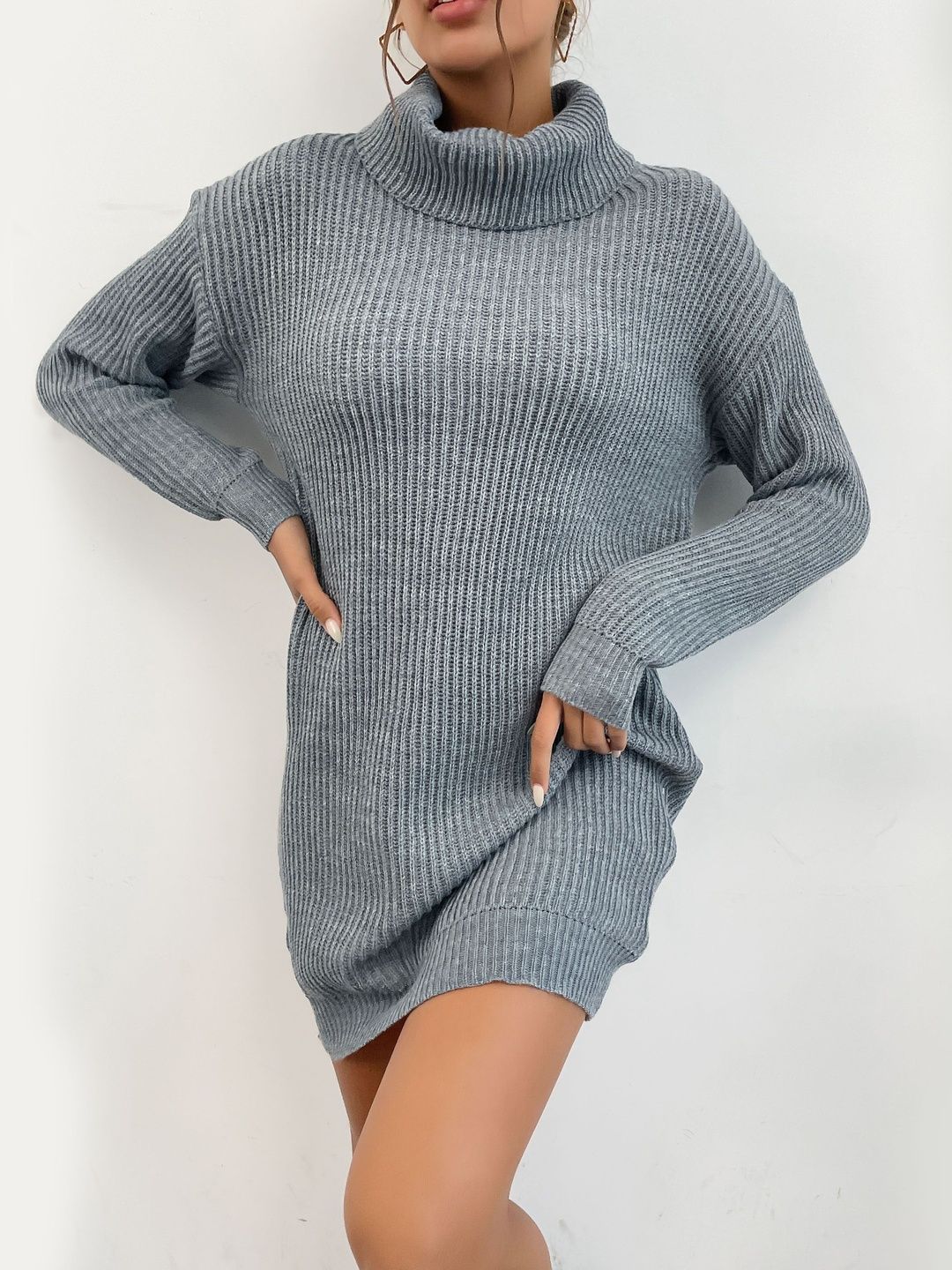 Women's Grey Ribbed Pullover Blend Printed Regular Fit