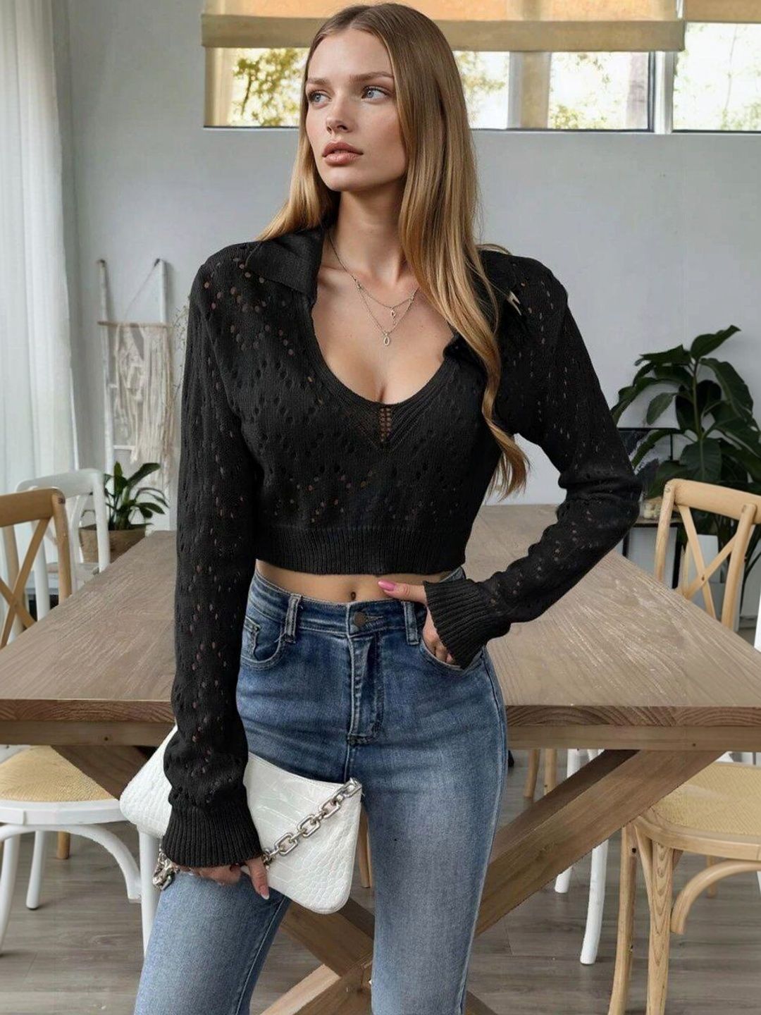 Boucle Crop Pullover in Black acrylic - Nowi Korean Fashion